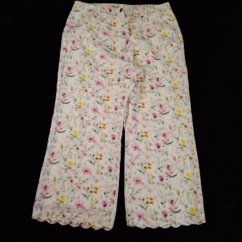 crown & ivy Floral Straight Leg Pants in White with Pink & Yellow Flowers